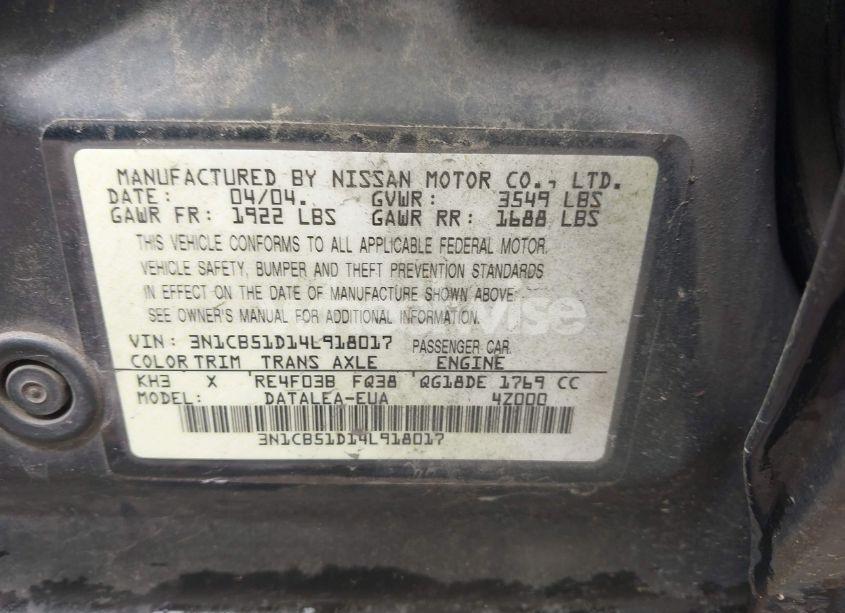Photo 9 of 2004 Nissan Sentra 1.8S (VIN 3N1CB51D14L918017)