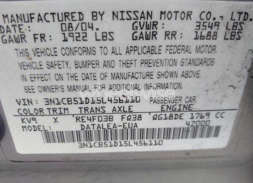 Photo 9 of 2005 Nissan Sentra 1.8S (VIN 3N1CB51D15L456110)