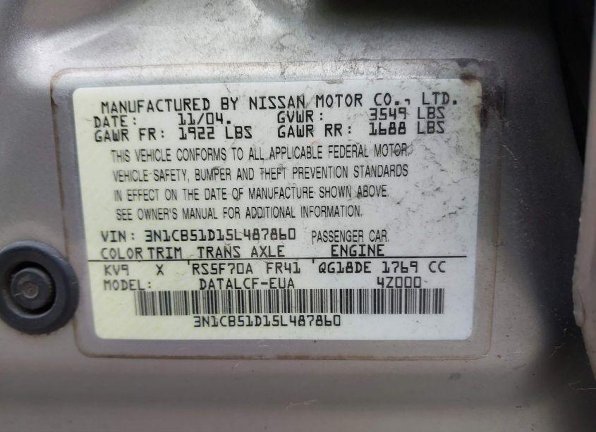 Photo 9 of 2005 Nissan Sentra 1.8 (VIN 3N1CB51D15L487860)
