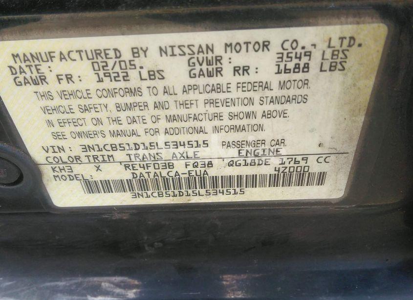 Photo 9 of 2005 Nissan Sentra 1.8 (VIN 3N1CB51D15L534515)
