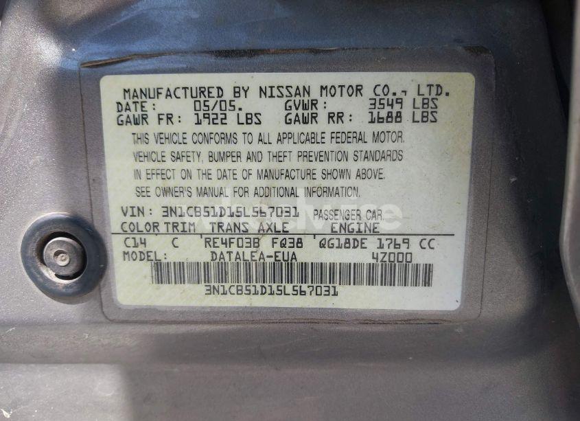 Photo 9 of 2005 Nissan Sentra 1.8S (VIN 3N1CB51D15L567031)