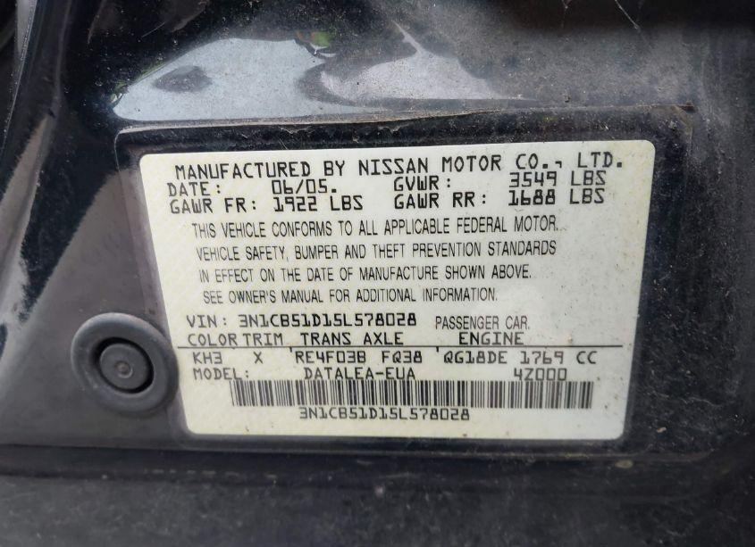 Photo 9 of 2005 Nissan Sentra 1.8S (VIN 3N1CB51D15L578028)