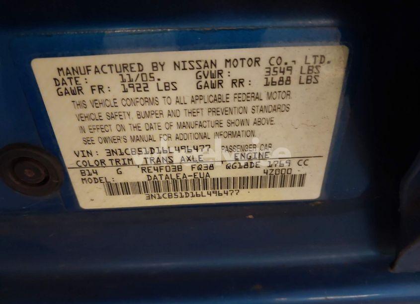 Photo 9 of 2006 Nissan Sentra 1.8S (VIN 3N1CB51D16L496477)