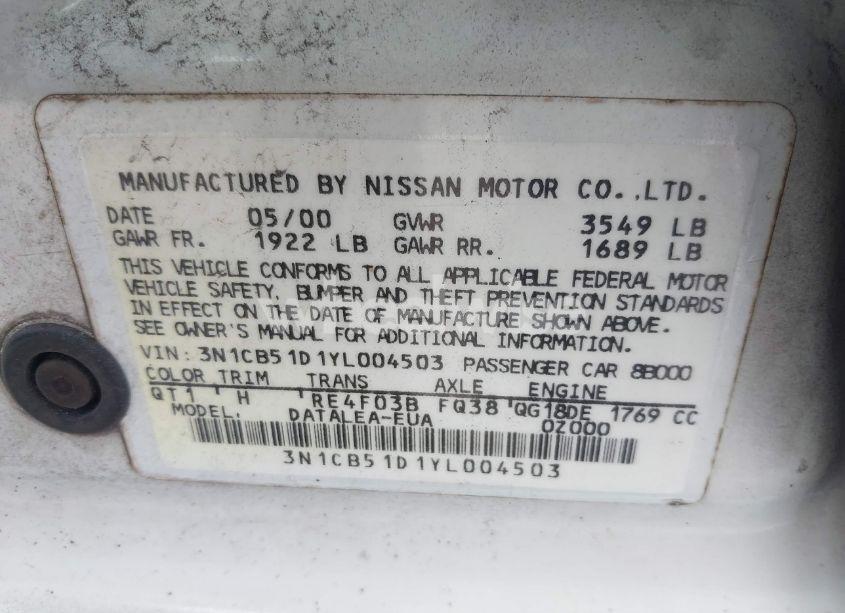 Photo 9 of 2000 Nissan Sentra GXE/XE (VIN 3N1CB51D1YL004503)