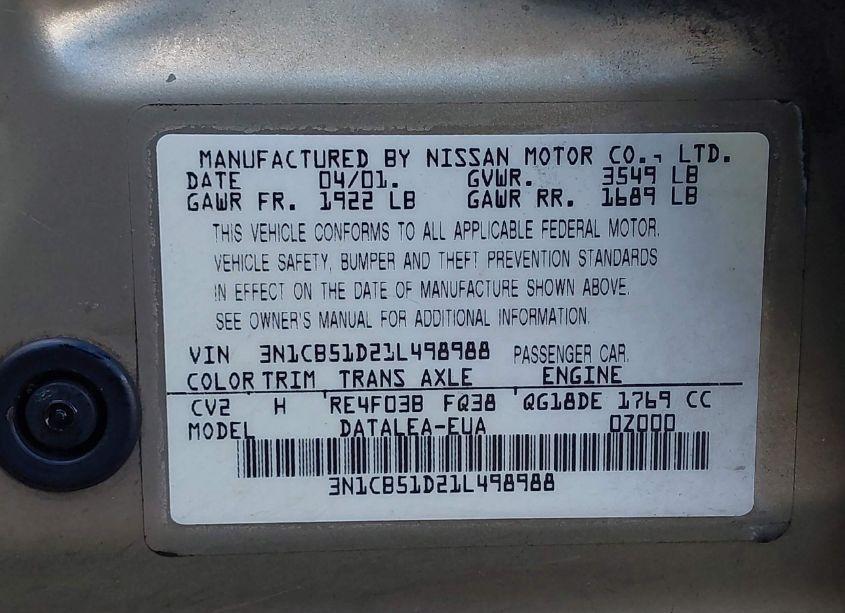 Photo 9 of 2001 Nissan Sentra GXE (VIN 3N1CB51D21L498988)