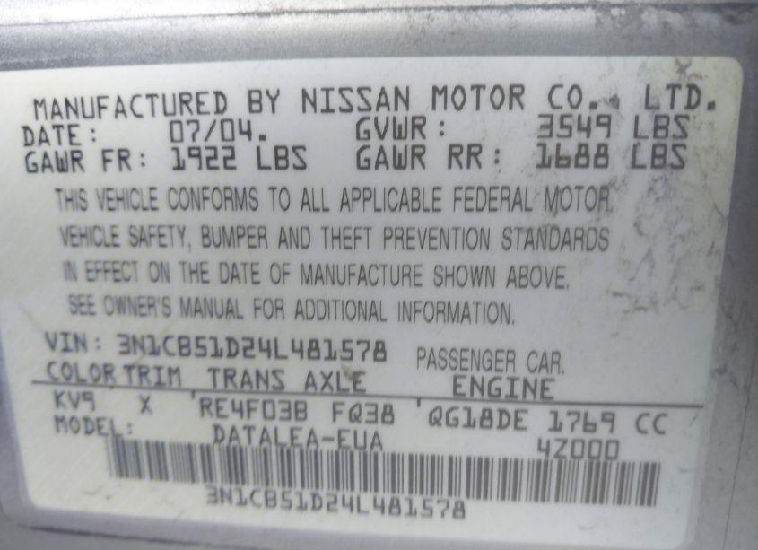 Photo 9 of 2004 Nissan Sentra 1.8S (VIN 3N1CB51D24L481578)
