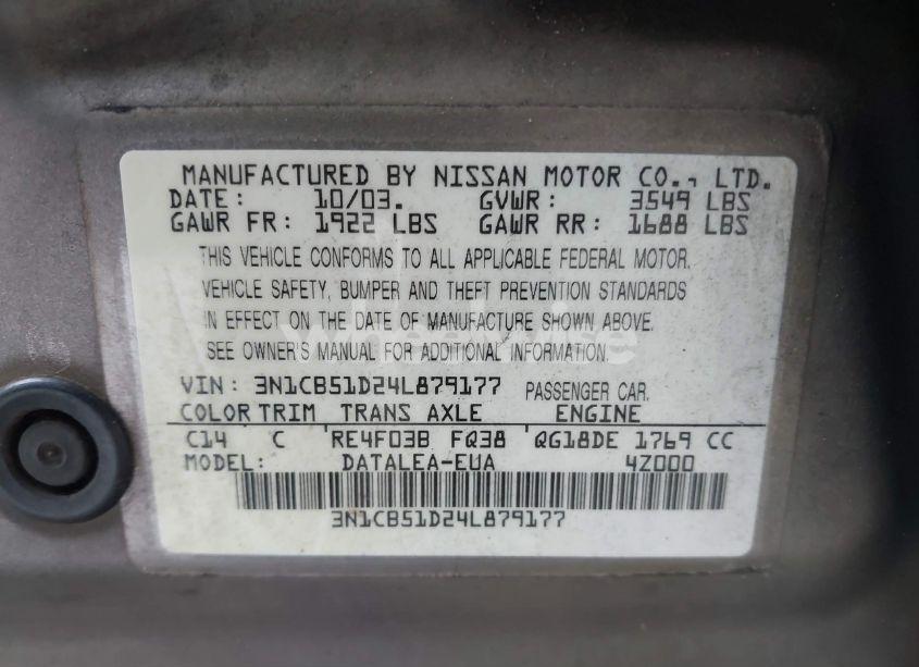 Photo 9 of 2004 Nissan Sentra 1.8S (VIN 3N1CB51D24L879177)