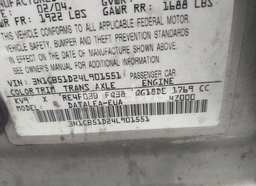 Photo 9 of 2004 Nissan Sentra 1.8S (VIN 3N1CB51D24L901551)