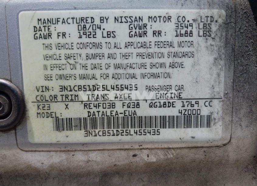 Photo 9 of 2005 Nissan Sentra 1.8S (VIN 3N1CB51D25L455435)