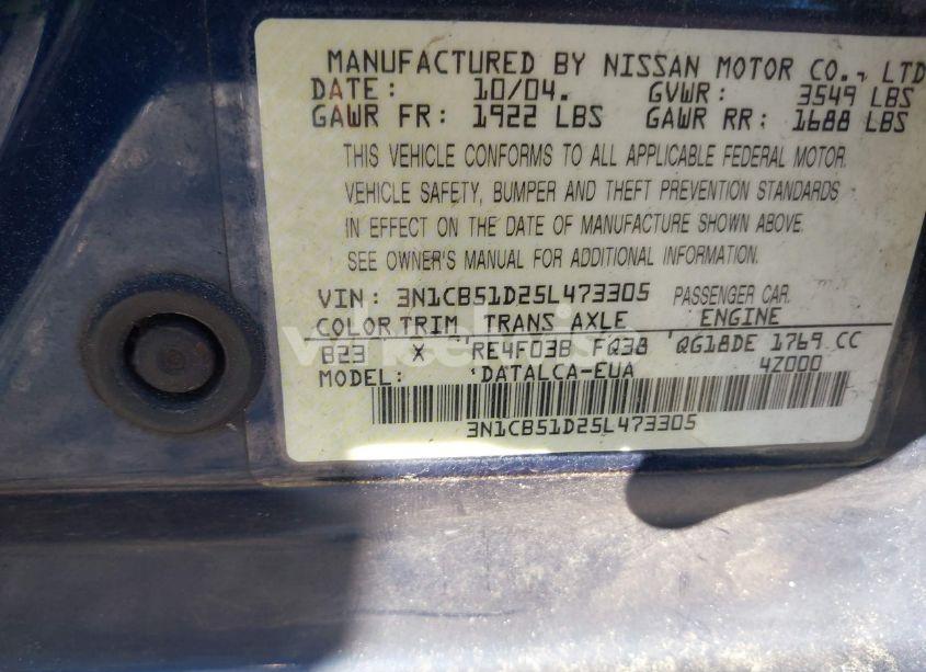 Photo 9 of 2005 Nissan Sentra 1.8 (VIN 3N1CB51D25L473305)