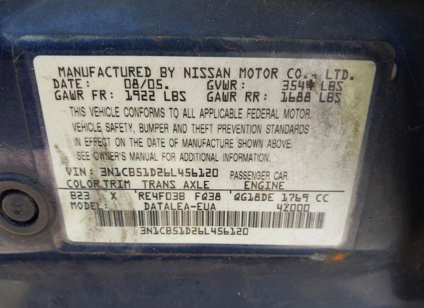 Photo 9 of 2006 Nissan Sentra 1.8S (VIN 3N1CB51D26L456120)