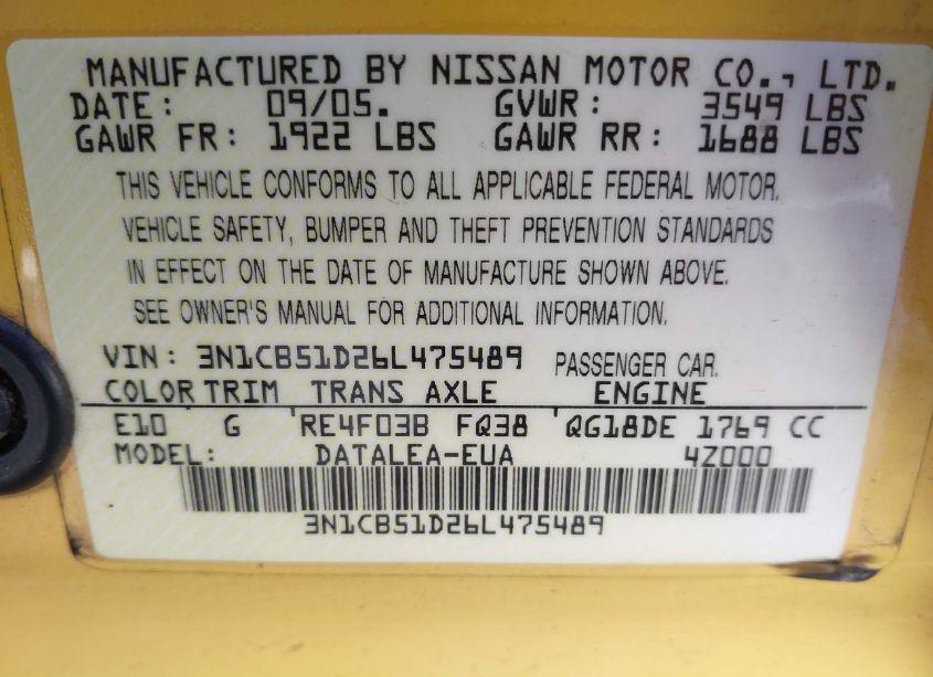 Photo 9 of 2006 Nissan Sentra 1.8S (VIN 3N1CB51D26L475489)
