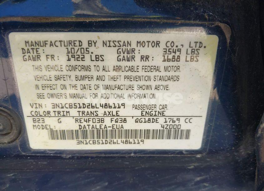 Photo 9 of 2006 Nissan Sentra 1.8S (VIN 3N1CB51D26L486119)