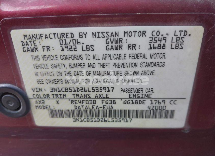Photo 9 of 2006 Nissan Sentra 1.8S (VIN 3N1CB51D26L535917)
