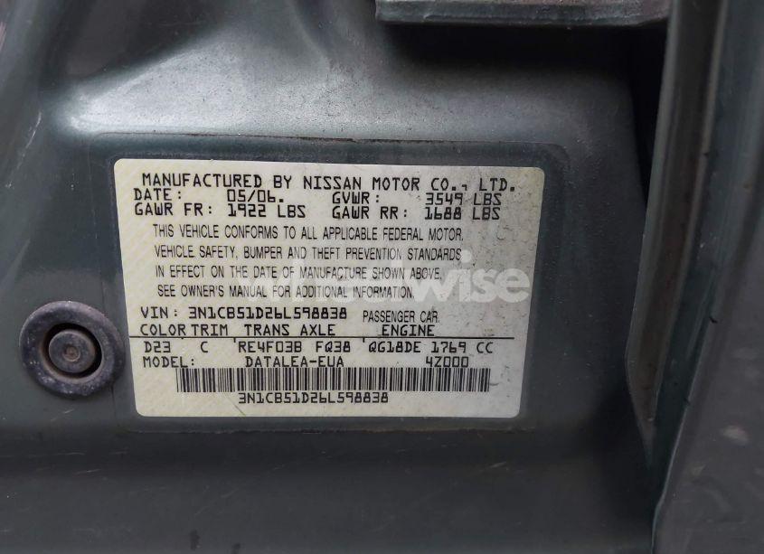 Photo 9 of 2006 Nissan Sentra 1.8S (VIN 3N1CB51D26L598838)