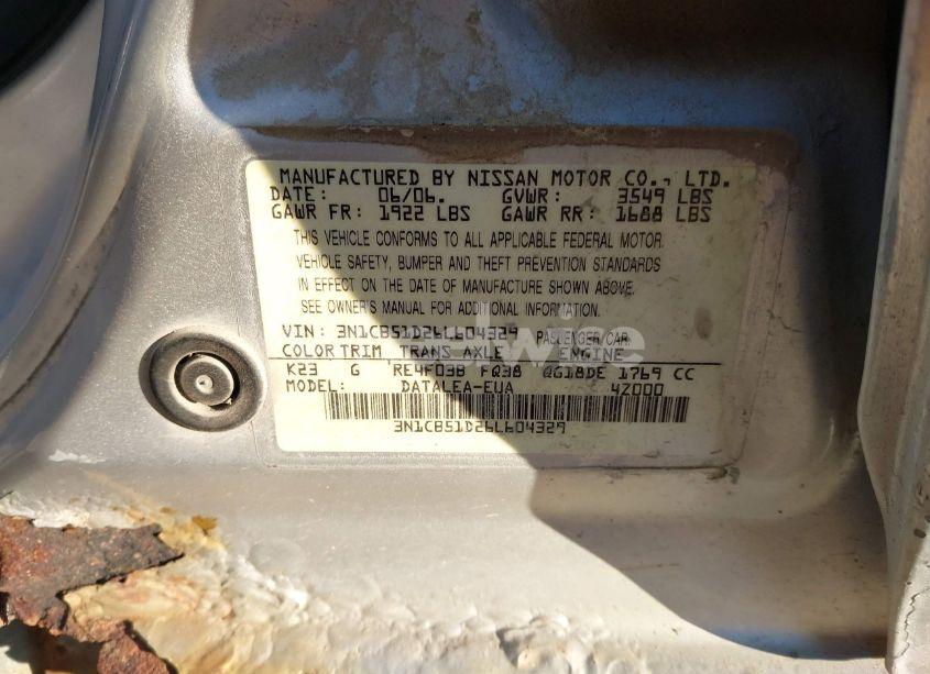 Photo 9 of 2006 Nissan Sentra 1.8S (VIN 3N1CB51D26L604329)