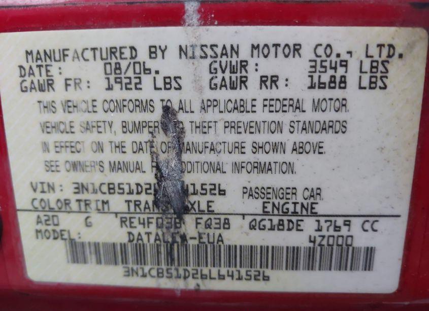 Photo 9 of 2006 Nissan Sentra 1.8S (VIN 3N1CB51D26L641526)