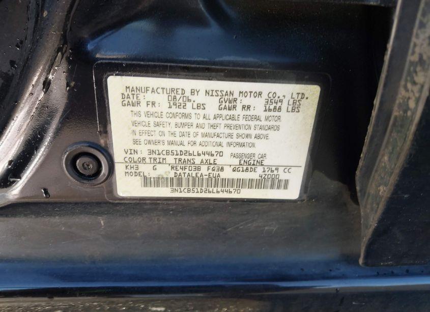 Photo 9 of 2006 Nissan Sentra 1.8S (VIN 3N1CB51D26L644670)