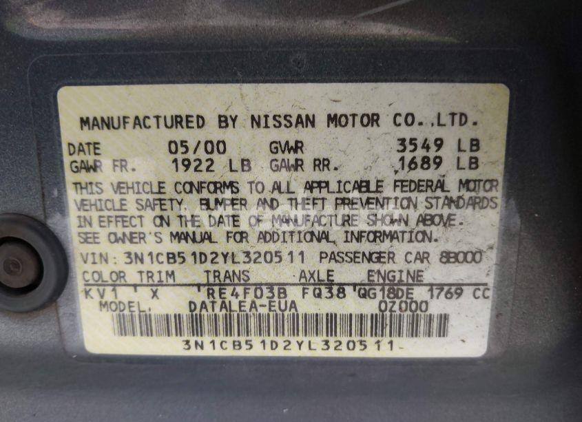 Photo 9 of 2000 Nissan Sentra GXE/XE (VIN 3N1CB51D2YL320511)