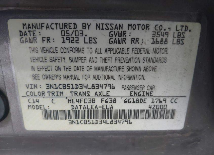 Photo 9 of 2004 Nissan Sentra 1.8S (VIN 3N1CB51D34L834796)