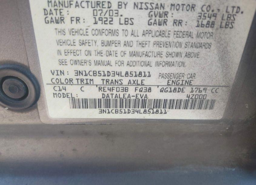 Photo 9 of 2004 Nissan Sentra 1.8S (VIN 3N1CB51D34L851811)