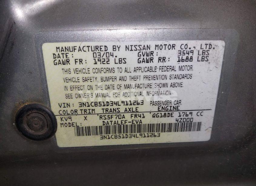 Photo 9 of 2004 Nissan Sentra 1.8S (VIN 3N1CB51D34L911263)