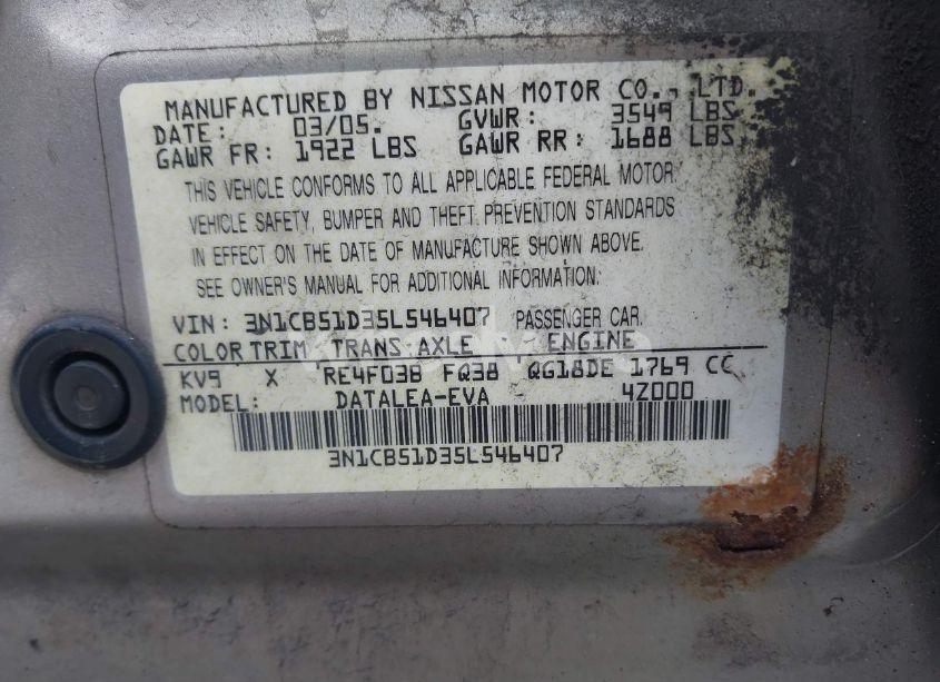 Photo 9 of 2005 Nissan Sentra 1.8S (VIN 3N1CB51D35L546407)