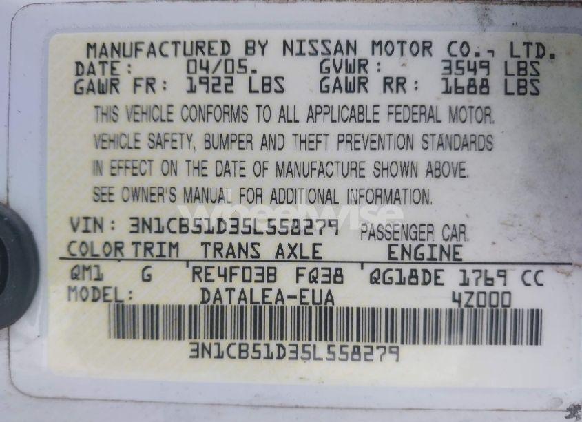 Photo 9 of 2005 Nissan Sentra 1.8S (VIN 3N1CB51D35L558279)
