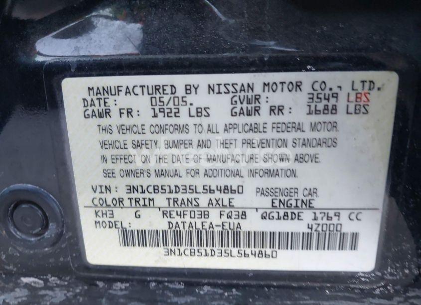 Photo 9 of 2005 Nissan Sentra 1.8S (VIN 3N1CB51D35L564860)