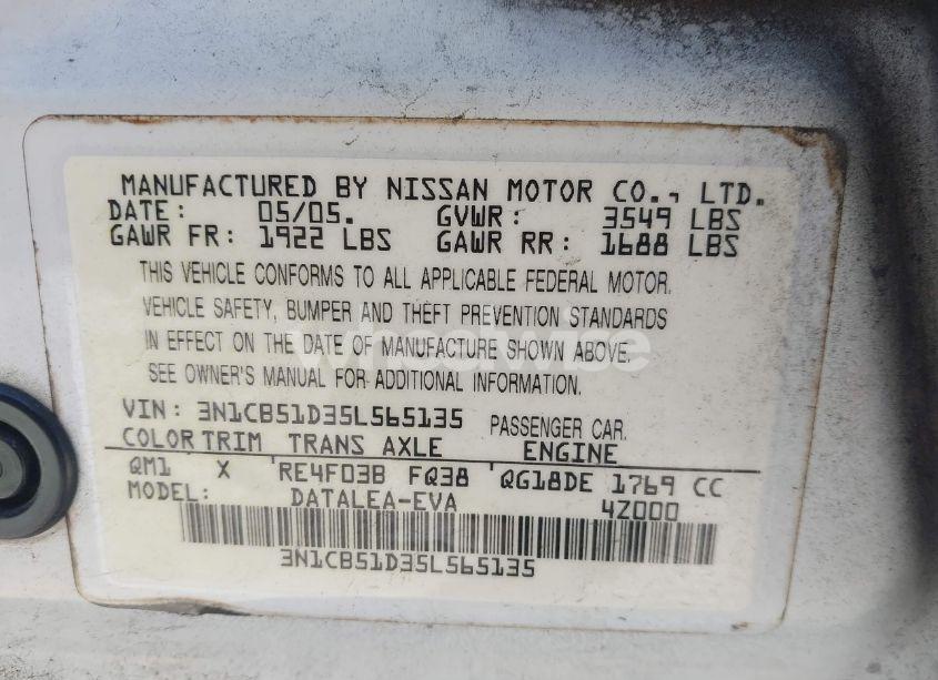 Photo 9 of 2005 Nissan Sentra 1.8S (VIN 3N1CB51D35L565135)