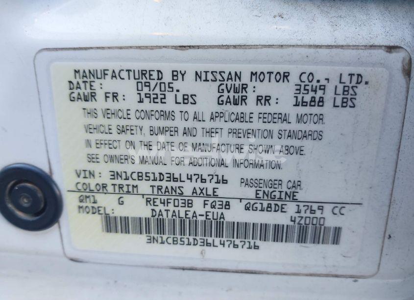Photo 9 of 2006 Nissan Sentra 1.8S (VIN 3N1CB51D36L476716)
