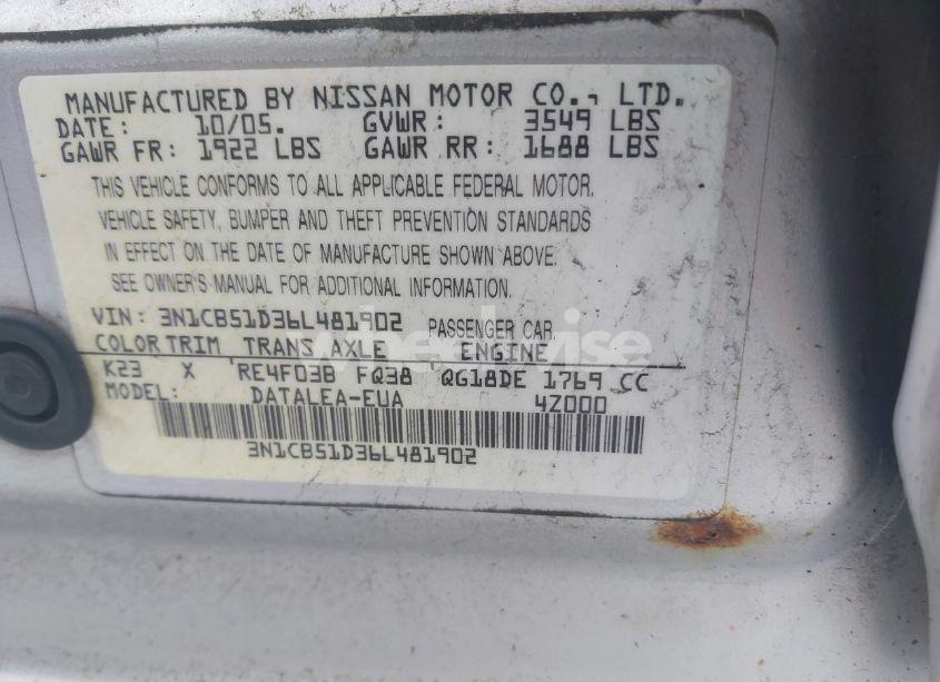 Photo 9 of 2006 Nissan Sentra 1.8S (VIN 3N1CB51D36L481902)