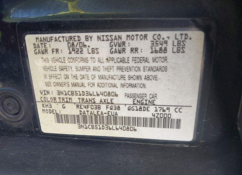 Photo 9 of 2006 Nissan Sentra 1.8S (VIN 3N1CB51D36L640806)