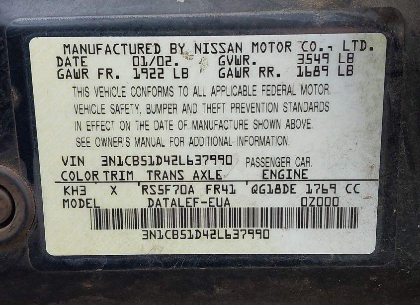 Photo 9 of 2002 Nissan Sentra GXE (VIN 3N1CB51D42L637990)