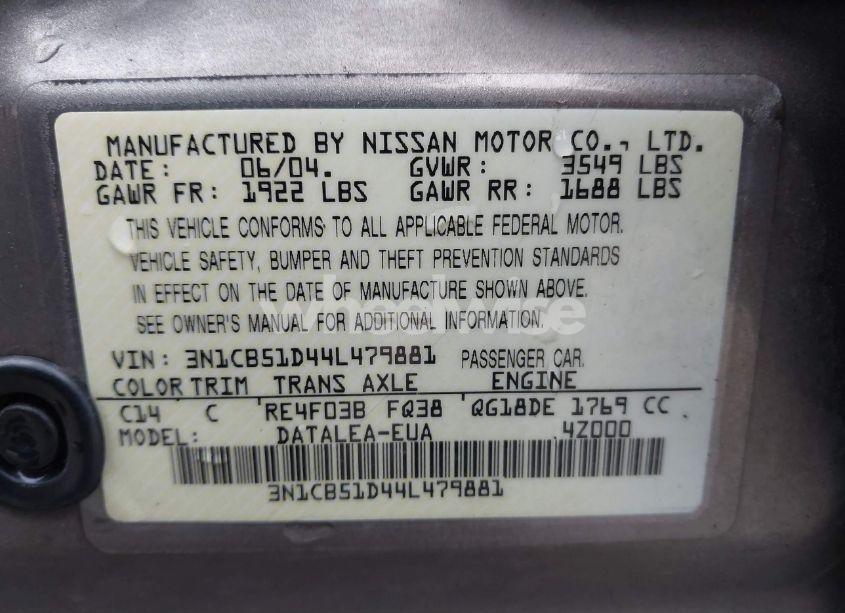 Photo 9 of 2004 Nissan Sentra 1.8S (VIN 3N1CB51D44L479881)