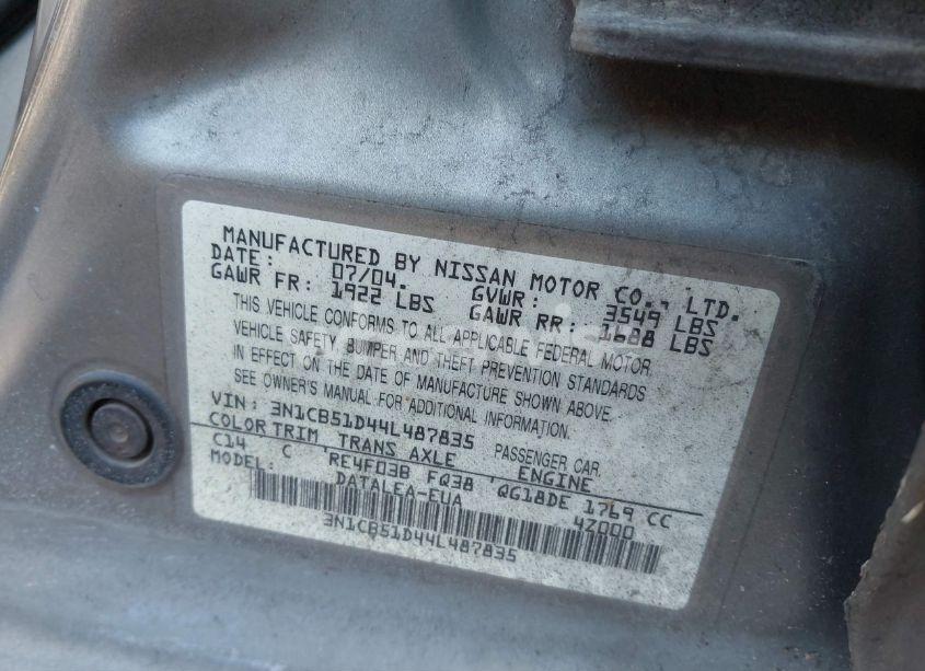 Photo 9 of 2004 Nissan Sentra 1.8S (VIN 3N1CB51D44L487835)