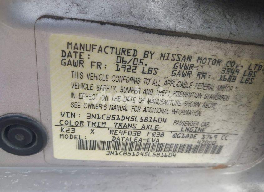 Photo 9 of 2005 Nissan Sentra 1.8S (VIN 3N1CB51D45L581604)