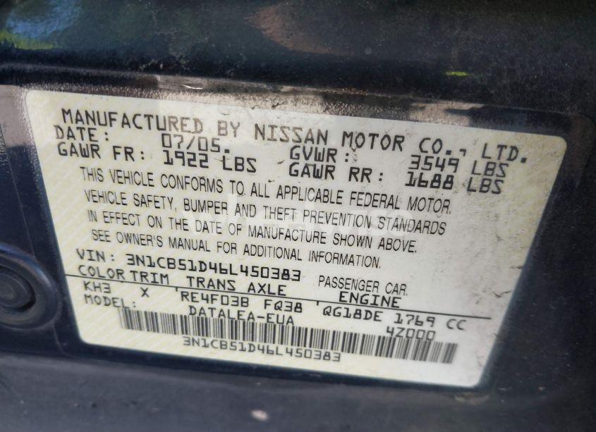 Photo 9 of 2006 Nissan Sentra 1.8S (VIN 3N1CB51D46L450383)