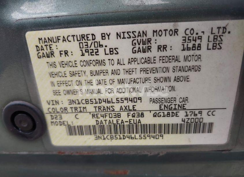 Photo 9 of 2006 Nissan Sentra 1.8S (VIN 3N1CB51D46L559409)