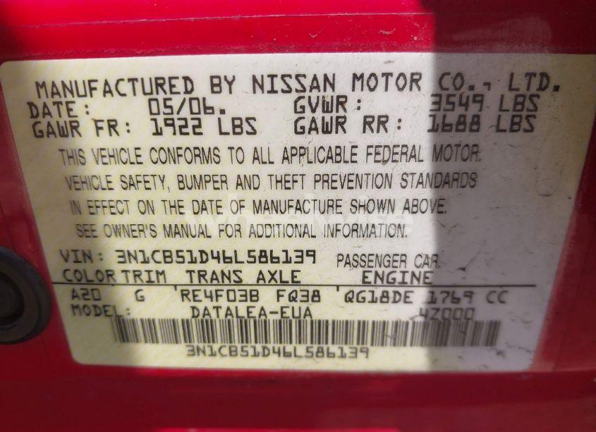 Photo 9 of 2006 Nissan Sentra 1.8S (VIN 3N1CB51D46L586139)