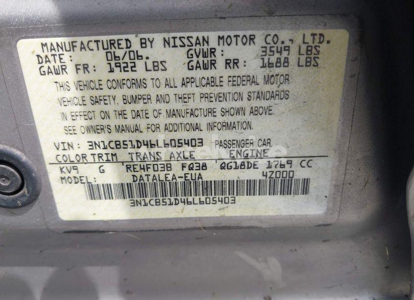 Photo 9 of 2006 Nissan Sentra 1.8S (VIN 3N1CB51D46L605403)
