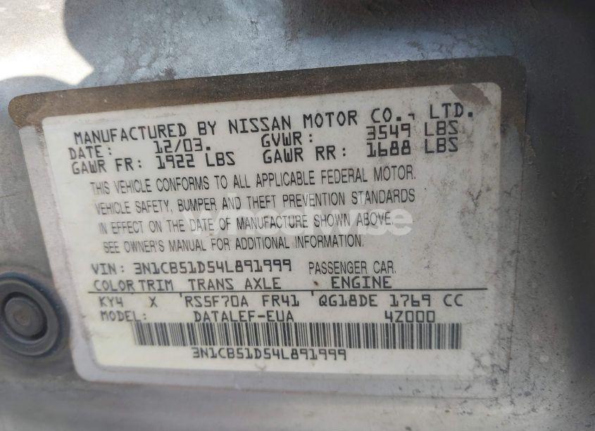 Photo 9 of 2004 Nissan Sentra 1.8S (VIN 3N1CB51D54L891999)
