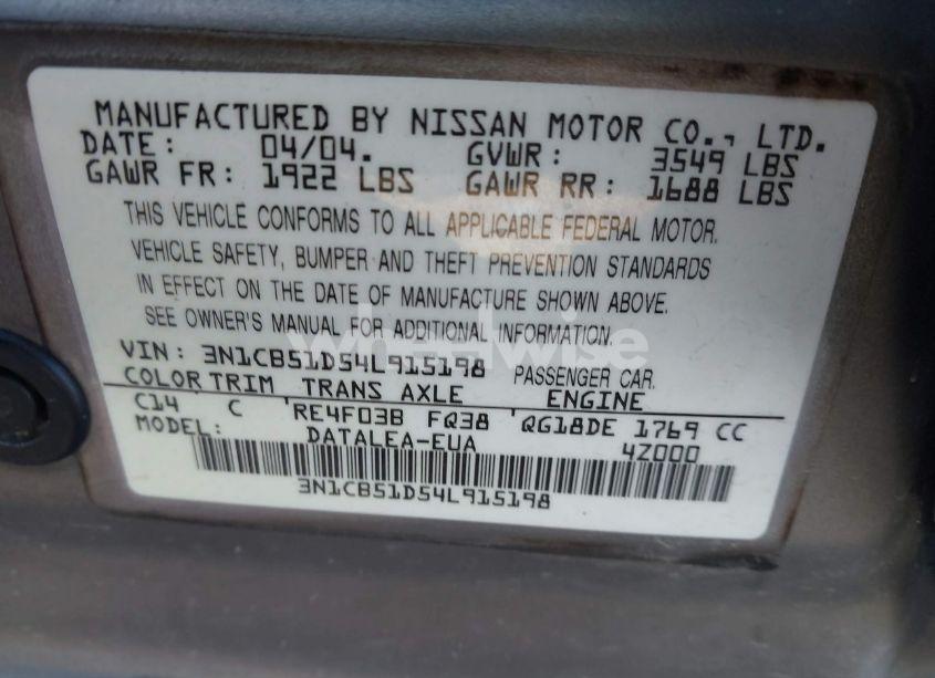 Photo 9 of 2004 Nissan Sentra 1.8S (VIN 3N1CB51D54L915198)