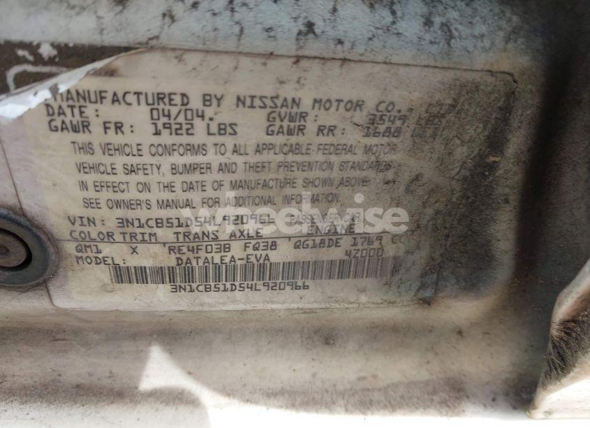 Photo 9 of 2004 Nissan Sentra 1.8S (VIN 3N1CB51D54L920966)