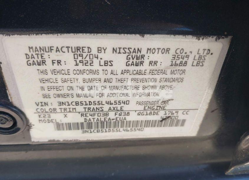 Photo 9 of 2005 Nissan Sentra 1.8S (VIN 3N1CB51D55L465540)
