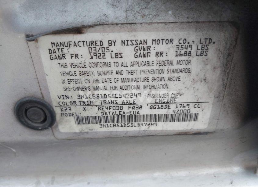 Photo 9 of 2005 Nissan Sentra 1.8S (VIN 3N1CB51D55L547249)