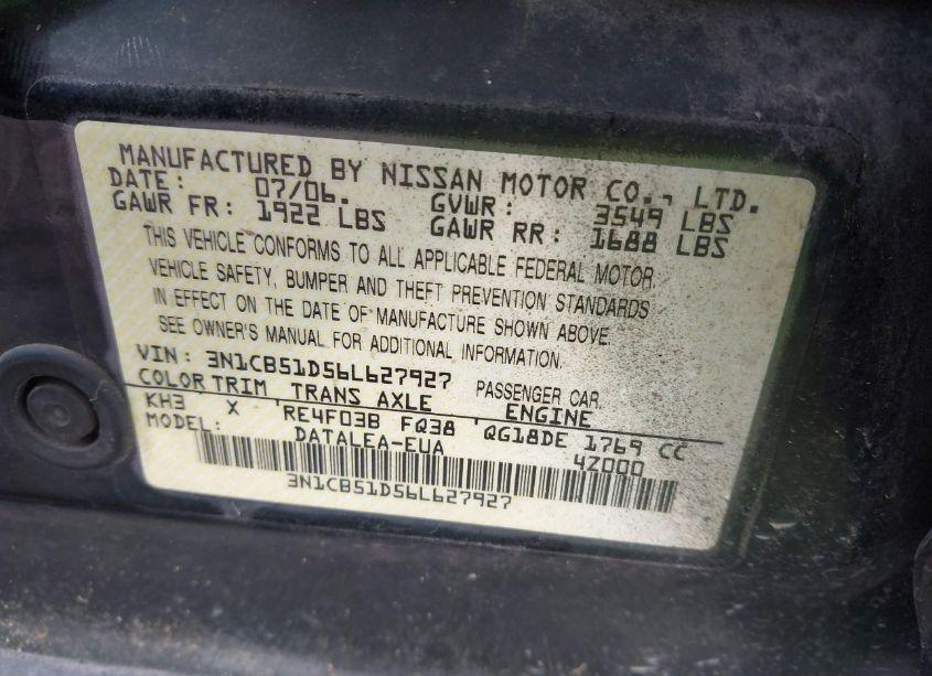 Photo 9 of 2006 Nissan Sentra 1.8/1.8S (VIN 3N1CB51D56L627927)