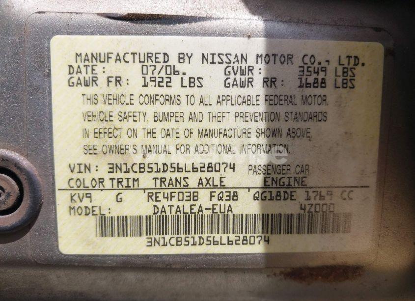 Photo 9 of 2006 Nissan Sentra 1.8S (VIN 3N1CB51D56L628074)