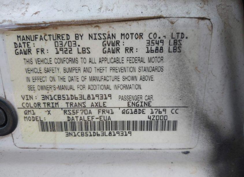 Photo 9 of 2003 Nissan Sentra GXE (VIN 3N1CB51D63L819319)