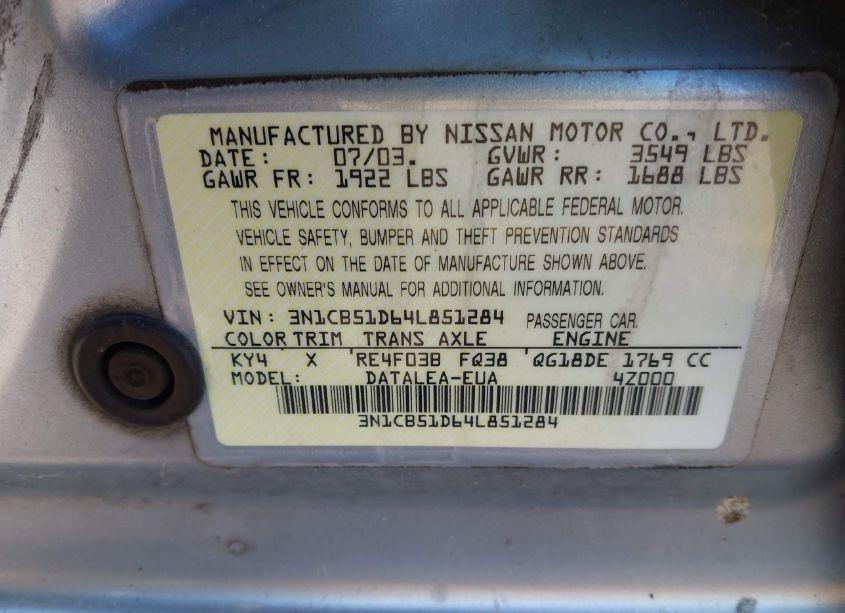 Photo 9 of 2004 Nissan Sentra 1.8S (VIN 3N1CB51D64L851284)